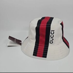 Certified Authentic Bnwt Gucci Cream Bucket Hat with Red and Black Stripes